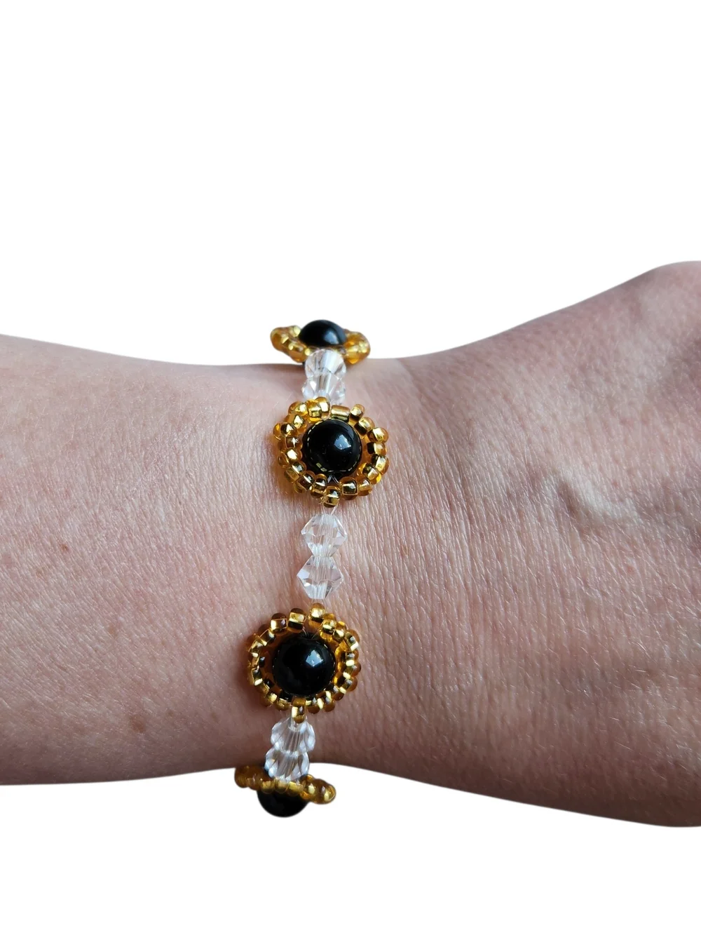 Gold Czech & Black Agate Beaded Bracelet - Picture 2 of 3